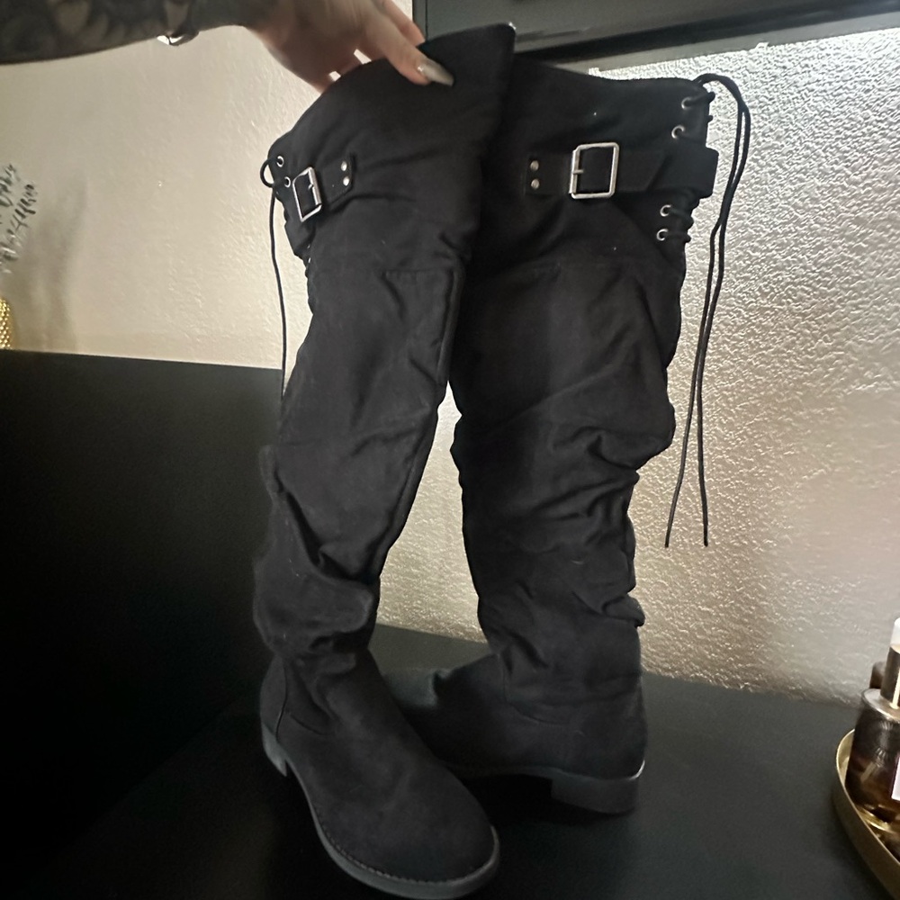 Black Suede Over-the-Knee Boots with Buckle Detail